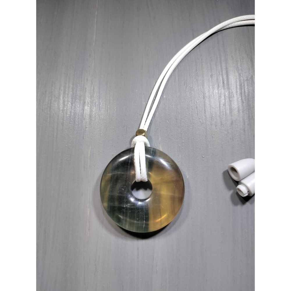 TrailerSpark Rainbow Fluorite Donut Pendant Necklace 18in White Waxed Cord New